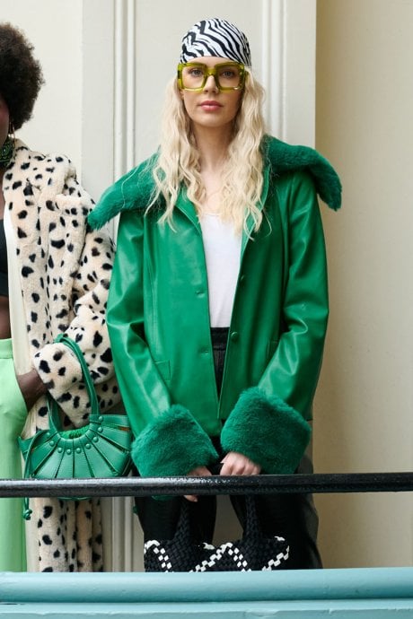 JAYLEY Green Faux Leather Jacket With Faux Fur Collar And Faux Fur Cuffs