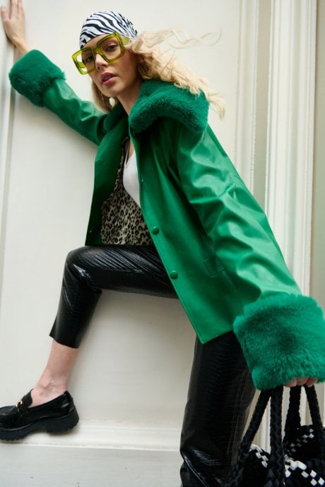 JAYLEY Green Faux Leather Jacket With Faux Fur Collar And Faux Fur Cuffs