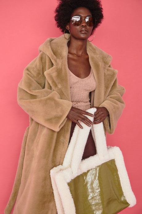 JAYLEY Green Faux Shearling Large Tote Shopper Bag