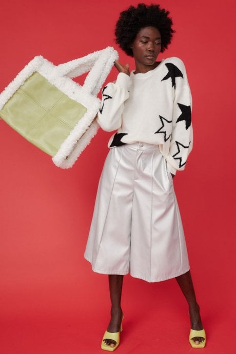 JAYLEY Green Faux Shearling Large Tote Shopper Bag