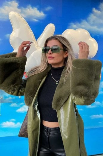 JAYLEY Green Faux Suede Alina Midi Coat With Faux Fur Cuffs And Collar