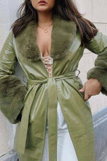 JAYLEY Green Faux Suede Alina Midi Coat With Faux Fur Cuffs And Collar