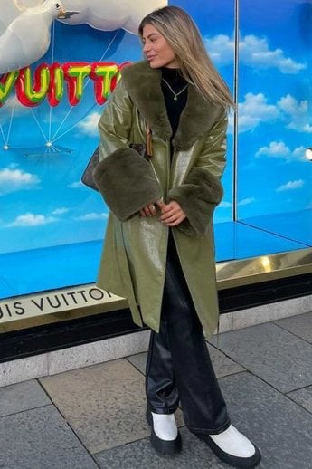 JAYLEY Green Faux Suede Alina Midi Coat with Faux Fur Cuffs and Collar