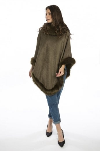 JAYLEY Green Faux Suede And Faux Fur Poncho