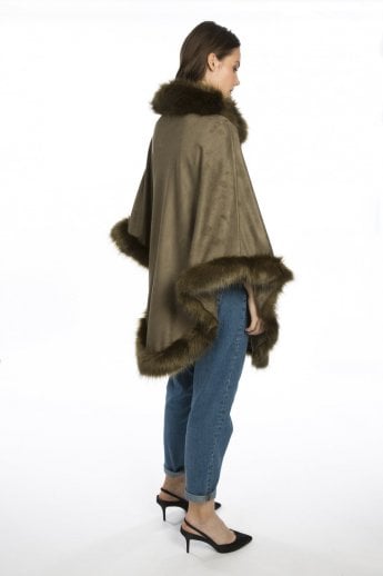 JAYLEY Green Faux Suede And Faux Fur Poncho