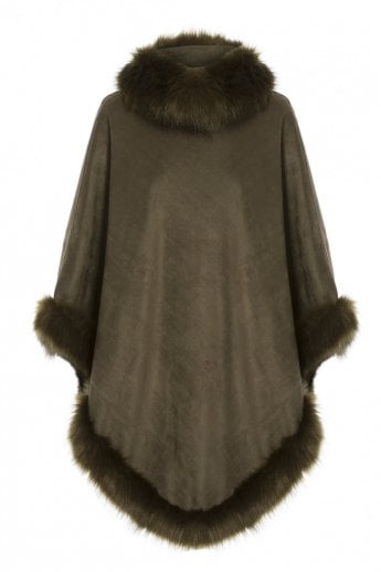 JAYLEY Green Faux Suede And Faux Fur Poncho