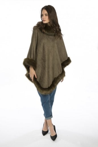 JAYLEY Green Faux Suede and Faux Fur Poncho