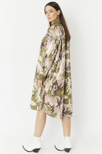 JAYLEY Green Faux Suede Camo Print Utility Dress