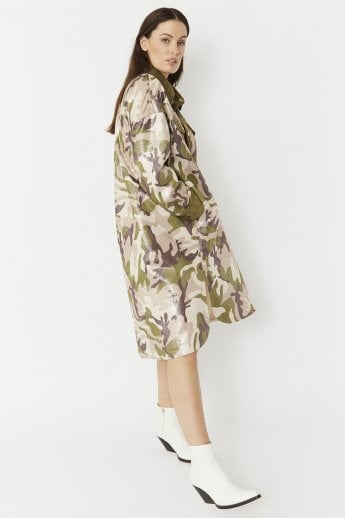 JAYLEY Green Faux Suede Camo Print Utility Dress
