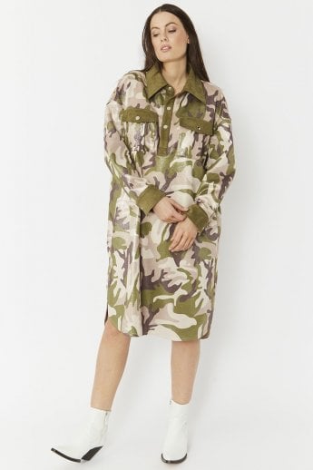 JAYLEY Green Faux Suede Camo Print Utility Dress