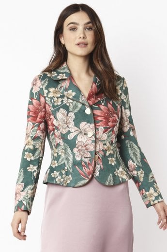 JAYLEY Green Faux Suede Floral Cropped Jacket