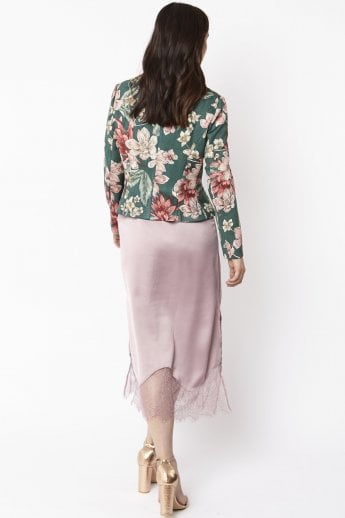 JAYLEY Green Faux Suede Floral Cropped Jacket