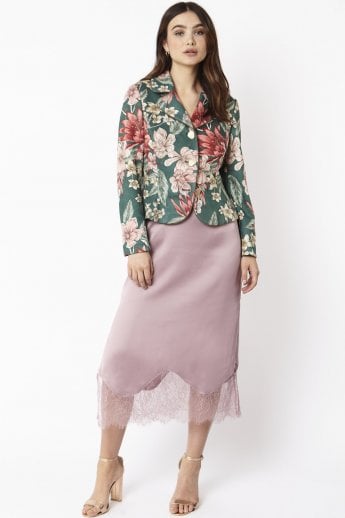 JAYLEY Green Faux Suede Floral Cropped Jacket