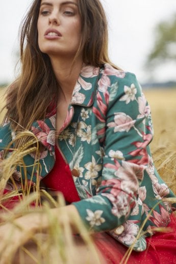 JAYLEY Green Faux Suede Floral Print Blazer Jacket