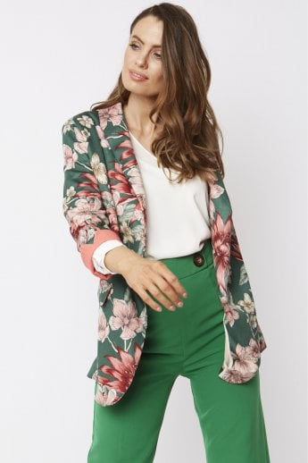 JAYLEY Green Faux Suede Floral Print Blazer Jacket