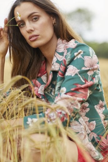 JAYLEY Green Faux Suede Floral Print Blazer Jacket