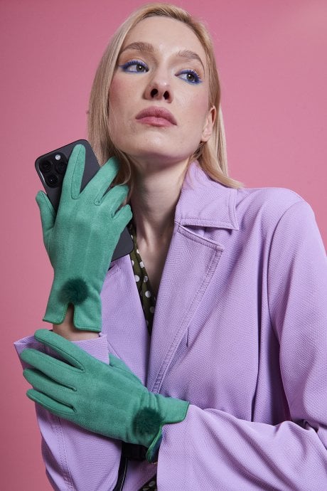 JAYLEY Green Faux Suede Gloves With Faux Fur Pom