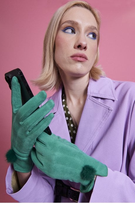 JAYLEY Green Faux Suede Gloves With Faux Fur Pom