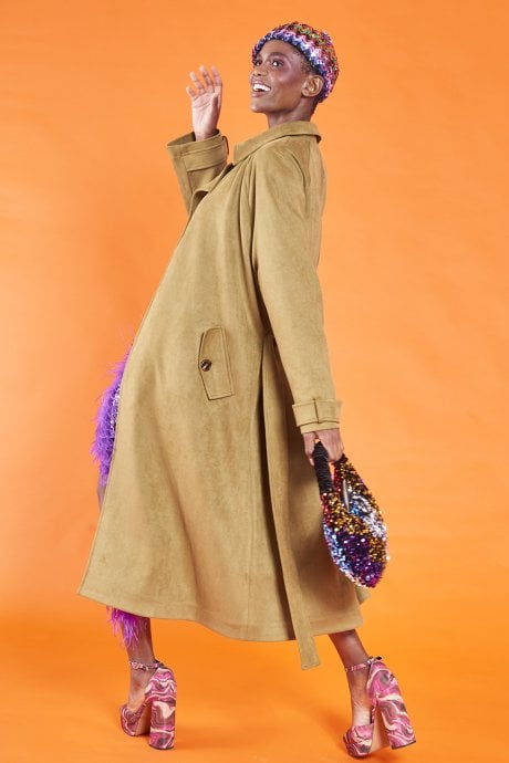 JAYLEY Green Faux Suede Trench Coat