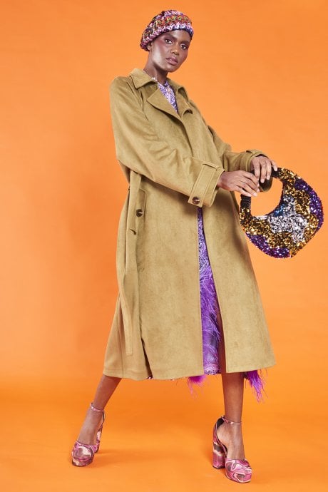 JAYLEY Green Faux Suede Trench Coat