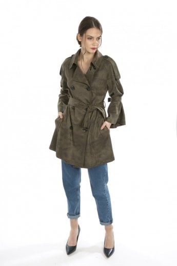 JAYLEY Green Faux Suede Trench Coat