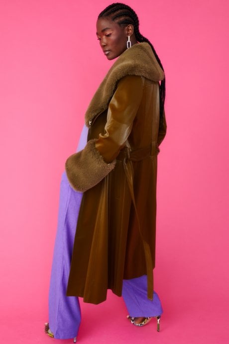 JAYLEY Green Faux Suede Trench Coat With Detachable Faux Fur Collar & Cuffs