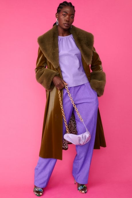 JAYLEY Green Faux Suede Trench Coat With Detachable Faux Fur Collar & Cuffs