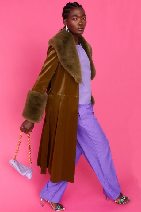 JAYLEY Green Faux Suede Trench Coat With Detachable Faux Fur Collar & Cuffs