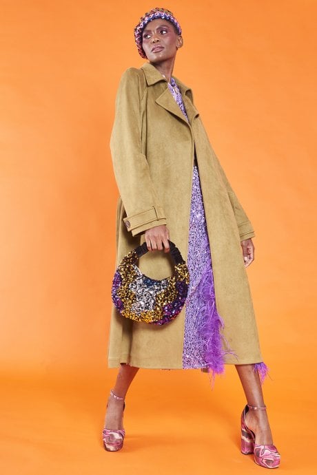 JAYLEY Green Faux Suede Trench Coat