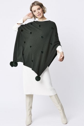 JAYLEY Green Fine Knit Cashmere Blend Pom Pom Poncho