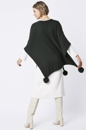 JAYLEY Green Fine Knit Cashmere Blend Pom Pom Poncho