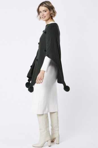JAYLEY Green Fine Knit Cashmere Blend Pom Pom Poncho