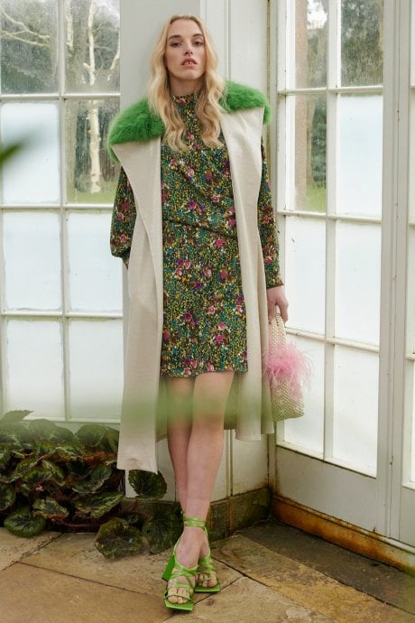 JAYLEY Green Floral High Neck Dress With Long Sleeves