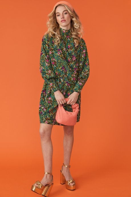 JAYLEY Green Floral High Neck Dress With Long Sleeves