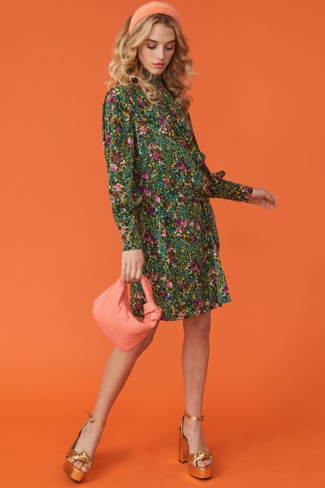 JAYLEY Green Floral High Neck Dress with Long Sleeves