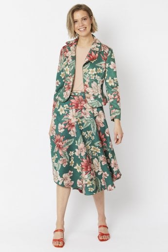 JAYLEY Green Floral Print Faux Suede Skater Skirt