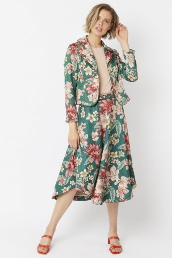 JAYLEY Green Floral Print Faux Suede Skater Skirt