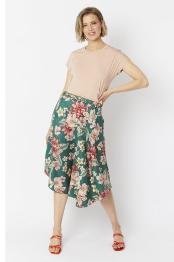 JAYLEY Green Floral Print Faux Suede Skater Skirt