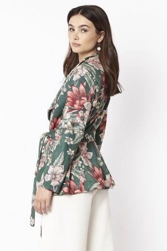 JAYLEY Green Floral Print Faux Suede Tie Waist Jacket