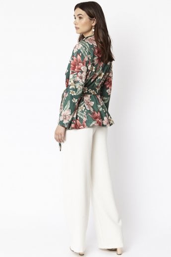 JAYLEY Green Floral Print Faux Suede Tie Waist Jacket