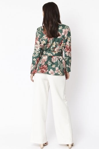 JAYLEY Green Floral Print Faux Suede Tie Waist Jacket