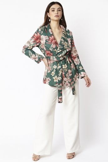 JAYLEY Green Floral Print Faux Suede Tie Waist Jacket