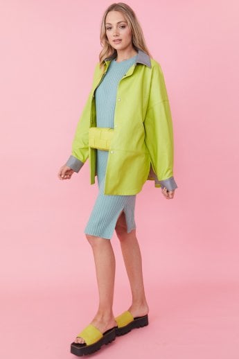 JAYLEY Green / Grey Two Tones Eco Leather Angelina Oversized Shacket Shirt Jacket