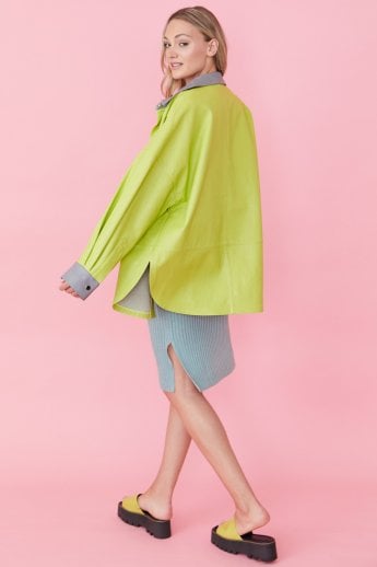 JAYLEY Green / Grey Two Tones Eco Leather Angelina Oversized Shacket Shirt Jacket