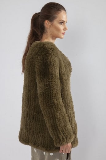 JAYLEY Green Hand Knitted Faux Fur Coat