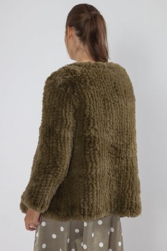 JAYLEY Green Hand Knitted Faux Fur Coat