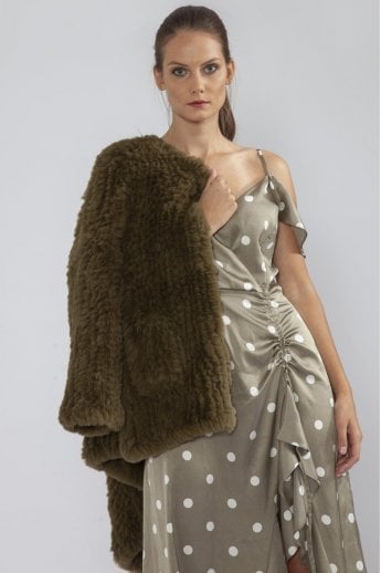 JAYLEY Green Hand Knitted Faux Fur Coat