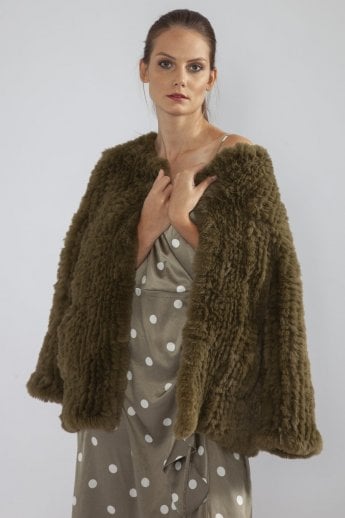 JAYLEY Green Hand Knitted Faux Fur Coat