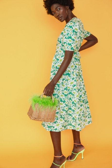 JAYLEY Green Hand Made Salines Straw Bag with Ostrich Feather