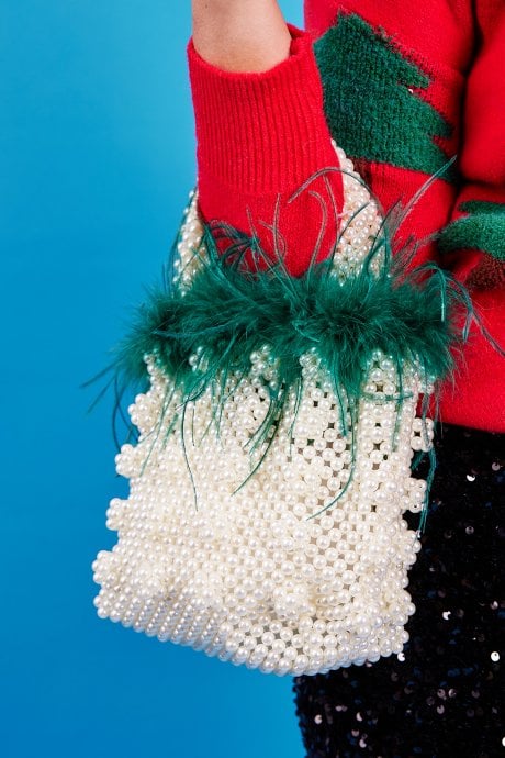 JAYLEY Green Handmade Pearl Tote Bag with Feather Trim